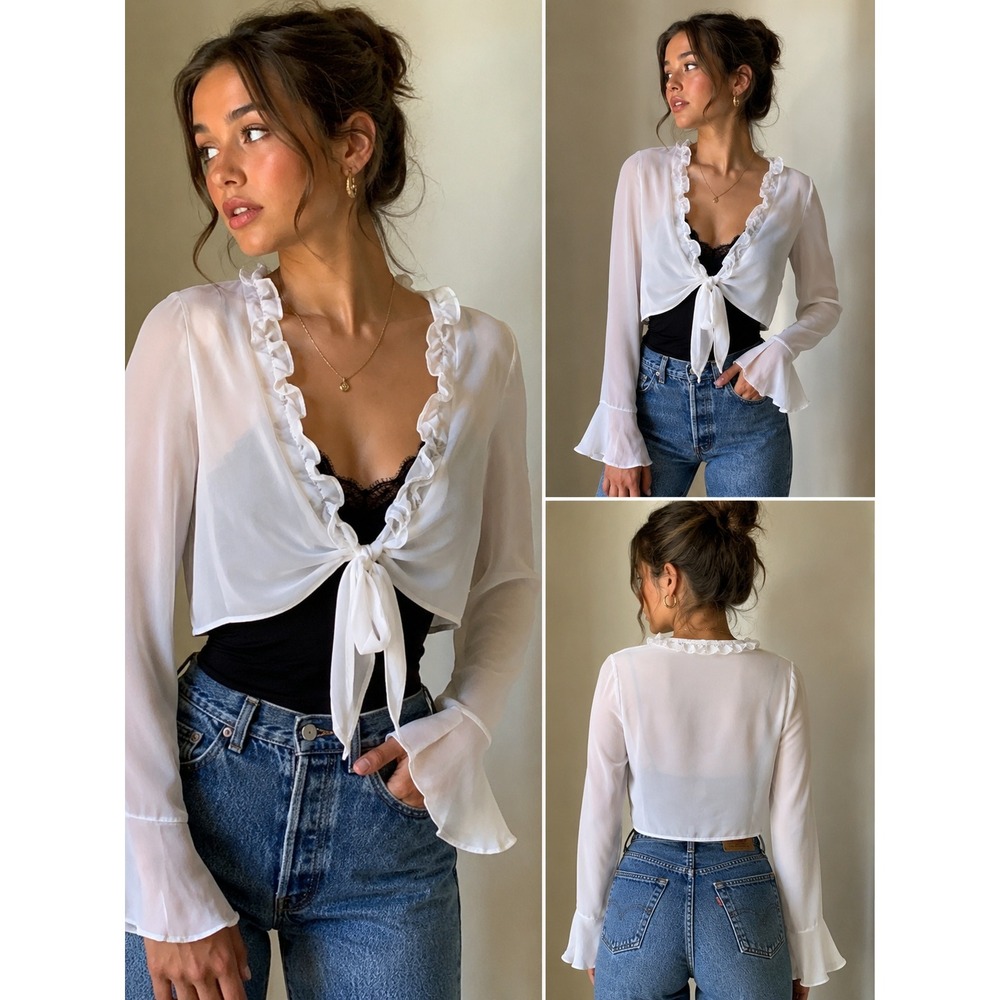 Vintage Y2K Fire Los Angeles Shrug  White Ruffle Tie Cropped Sheer Angelcore USA